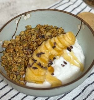 pumpkin granola with steamed pumpkin, peanut butter, walnuts, pumpkin seeds, and oats