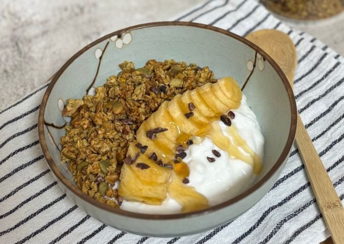 pumpkin granola with steamed pumpkin, peanut butter, walnuts, pumpkin seeds, and oats