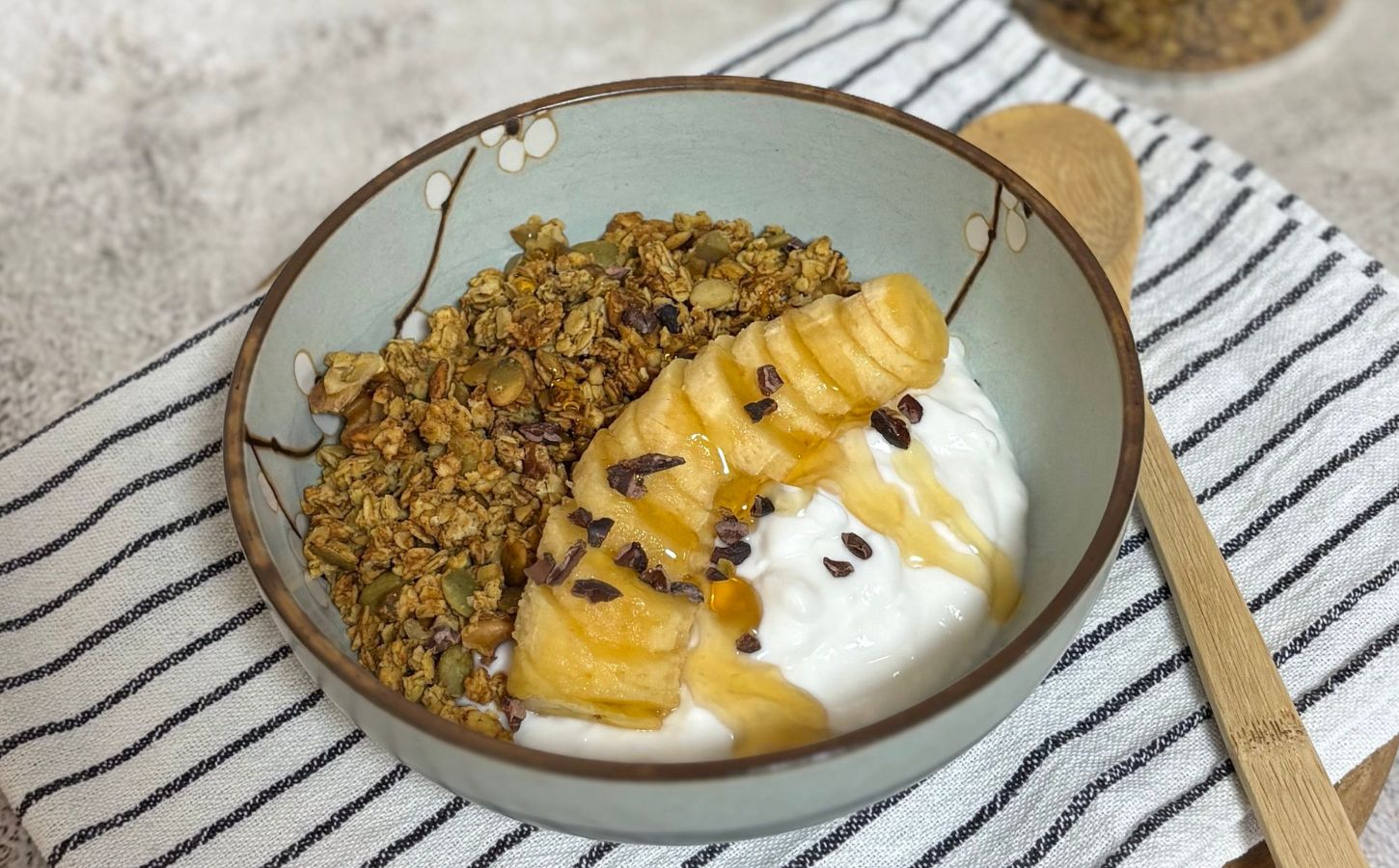 pumpkin granola with steamed pumpkin, peanut butter, walnuts, pumpkin seeds, and oats