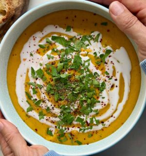 roasted butternut squash soup with sweet potato, coconut milk, tomato, and garlic