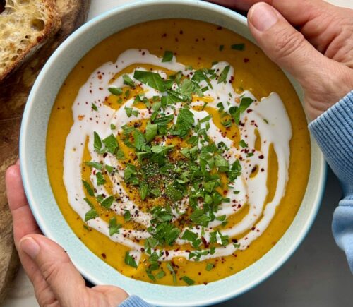 roasted butternut squash soup with sweet potato, coconut milk, tomato, and garlic
