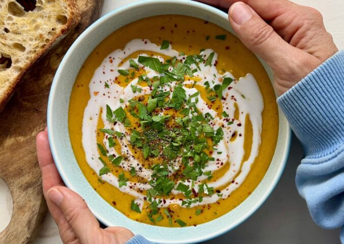 roasted butternut squash soup with sweet potato, coconut milk, tomato, and garlic