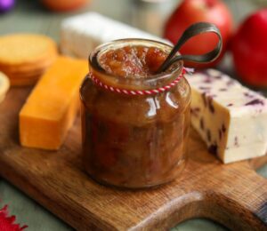 spiced apple and quince chutney on a vegan cheese board
