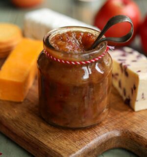 spiced apple and quince chutney on a vegan cheese board