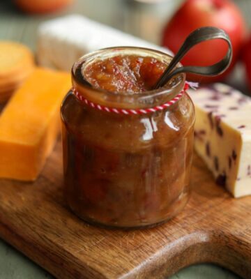spiced apple and quince chutney on a vegan cheese board