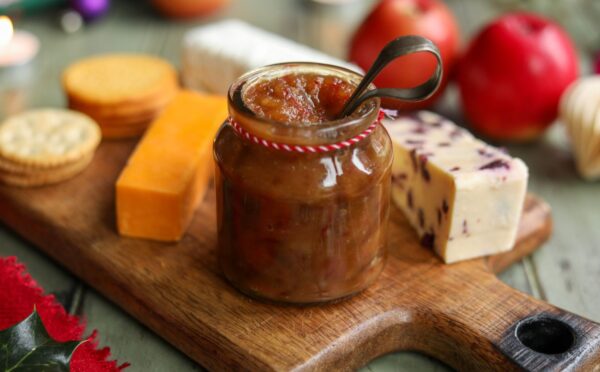 spiced apple and quince chutney on a vegan cheese board