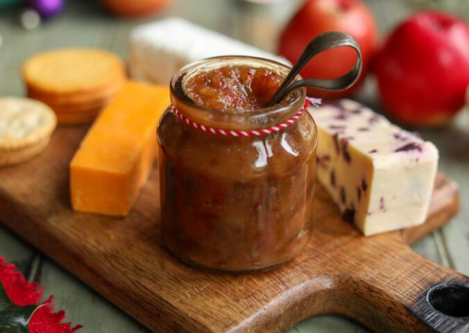 spiced apple and quince chutney on a vegan cheese board
