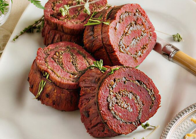 stuffed flank steak with mushrooms and mulled wine shallots