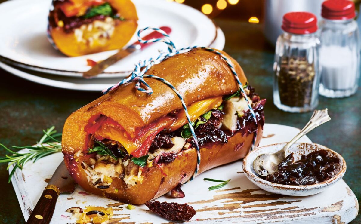 stuffed squash roast with butternut, glazed onions, Christmas rice, mushrooms and cranberry sauce