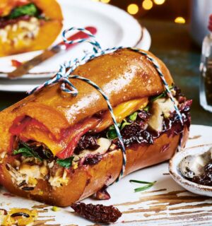 stuffed squash roast with butternut, glazed onions, Christmas rice, mushrooms and cranberry sauce
