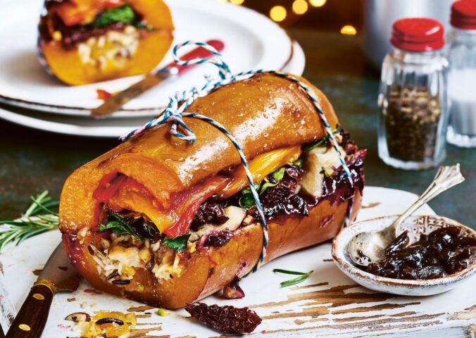 stuffed squash roast with butternut, glazed onions, Christmas rice, mushrooms and cranberry sauce