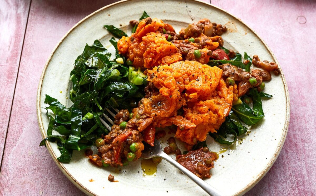 lentil and sweet potato cottage pie served with stir-fried greens as part of our highest rated dinners