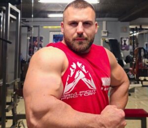 Photo shows vegan armwrestler Sasho Dimitrov Andreev, who now has nearly 50 gold medals from world and EU championship events