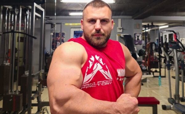Photo shows vegan armwrestler Sasho Dimitrov Andreev, who now has nearly 50 gold medals from world and EU championship events