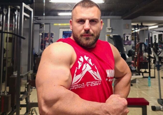 Photo shows vegan armwrestler Sasho Dimitrov Andreev, who now has nearly 50 gold medals from world and EU championship events