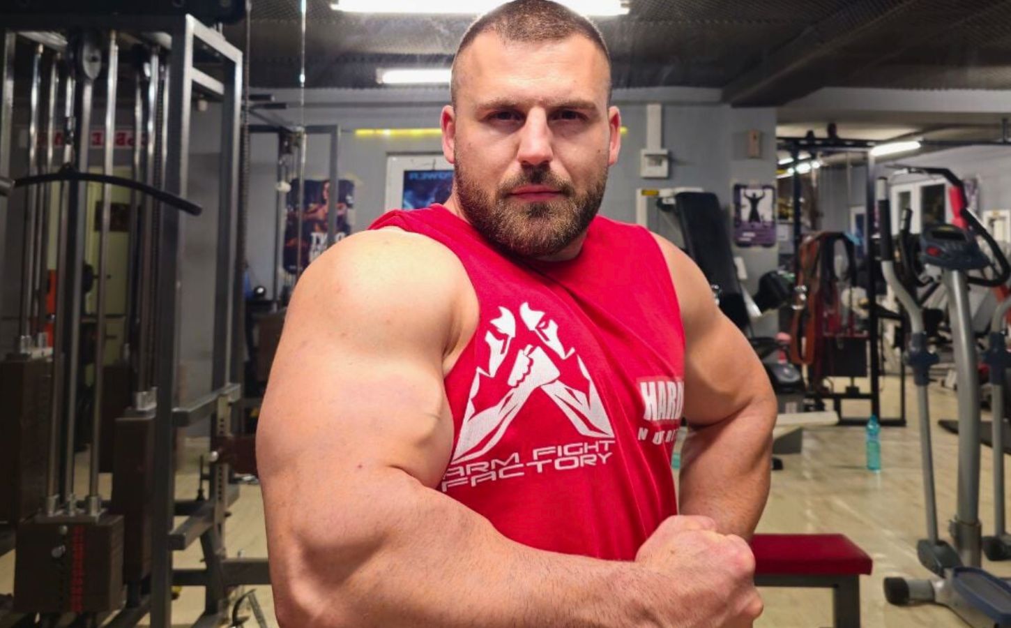 Photo shows vegan armwrestler Sasho Dimitrov Andreev, who now has nearly 50 gold medals from world and EU championship events