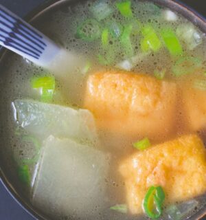 winter melon soup with tofu puffs with spring onion and a simple broth
