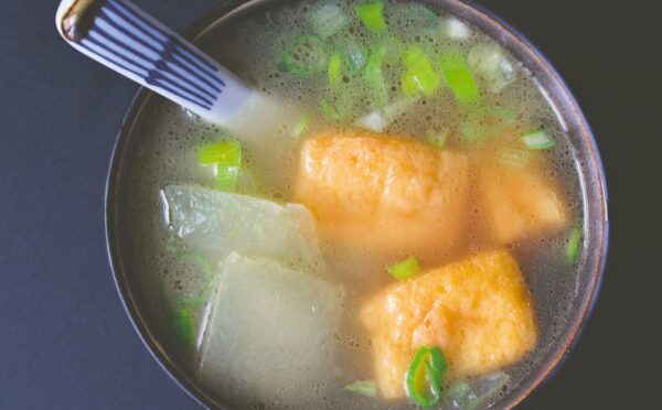 winter melon soup with tofu puffs with spring onion and a simple broth