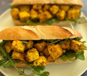 yogurt tofu or marinated cubes of soft tofu in spicy and tangy plant-based yogurt