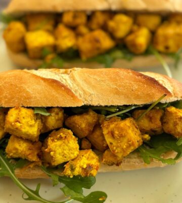 yogurt tofu or marinated cubes of soft tofu in spicy and tangy plant-based yogurt