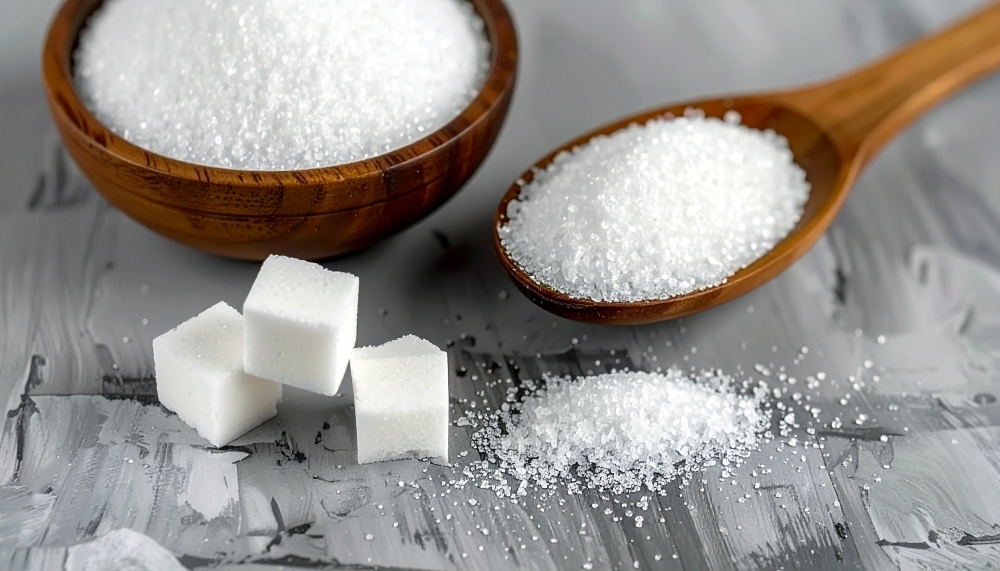 Wooden bowl and spoon filled with granulated sugar, with some sugar cubes on the side, to illustrate contrast with foods that reduce dementia risk.