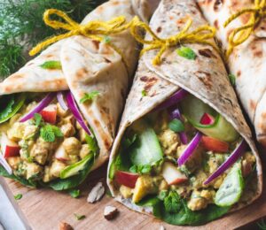 Christmas coronation chickpea naan wraps with vegan yogurt, chickpeas, dried cranberries, apple, and more