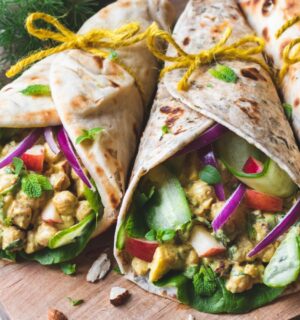 Christmas coronation chickpea naan wraps with vegan yogurt, chickpeas, dried cranberries, apple, and more