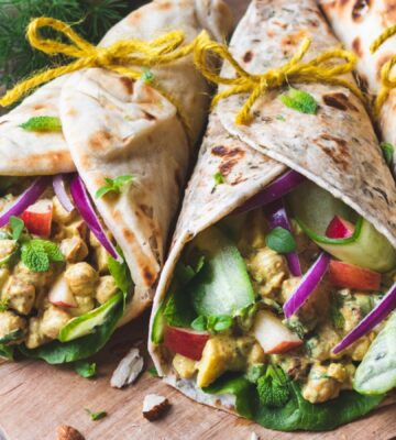 Christmas coronation chickpea naan wraps with vegan yogurt, chickpeas, dried cranberries, apple, and more