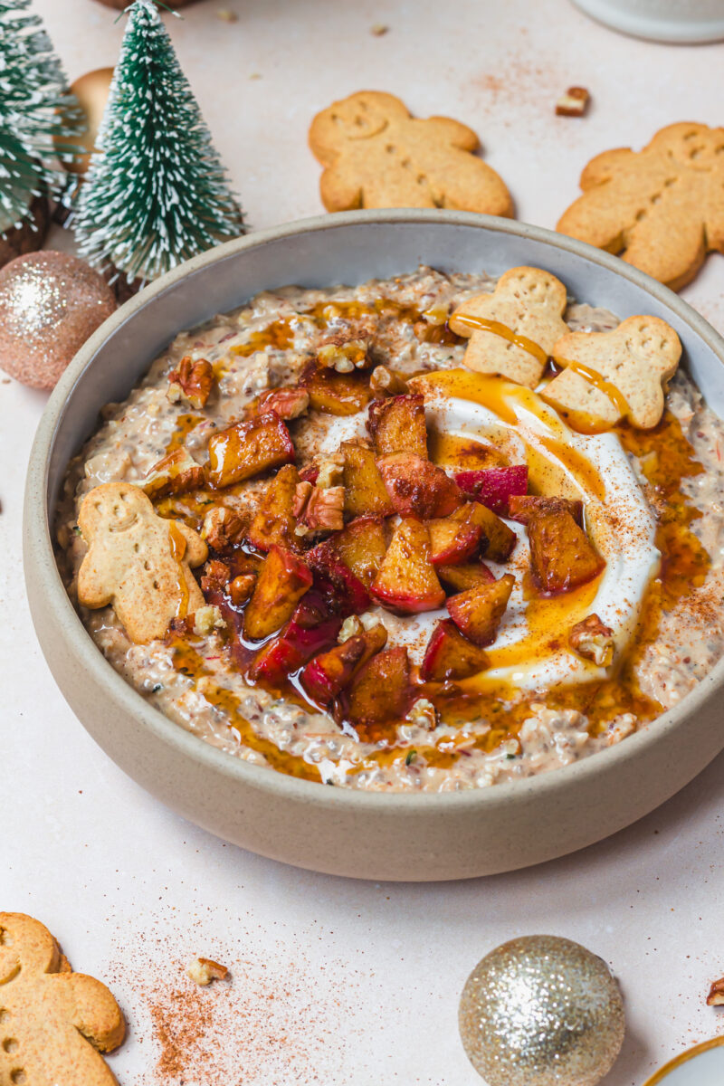 gingerbread quick soak overnight oats with apple, chia seeds, hemp seeds, and flax