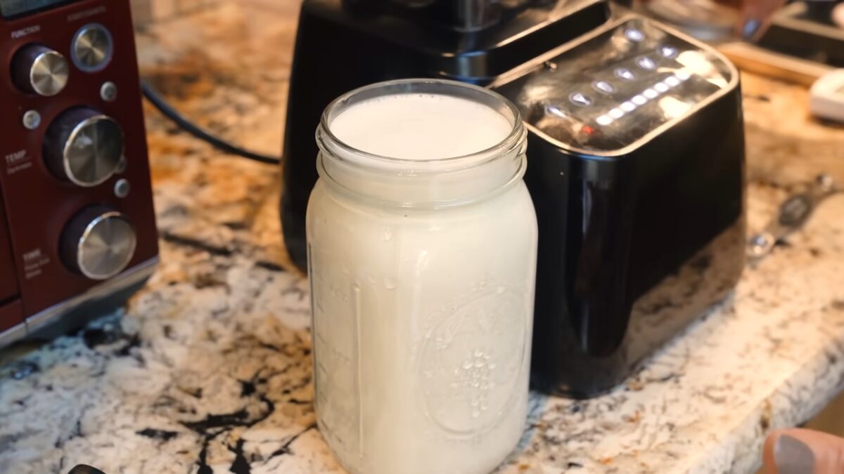 The cultured cashew milk in this sterilized jar is a key ingredient in Miyoko Schinner’s homemade vegan butter.