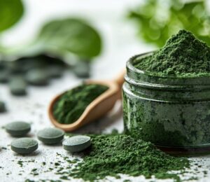 Close-up of green spirulina powder in a jar with tablets and a wooden spoon on a white surface, to showcase the dangers of spirulina