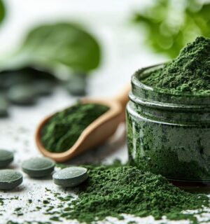 Close-up of green spirulina powder in a jar with tablets and a wooden spoon on a white surface, to showcase the dangers of spirulina