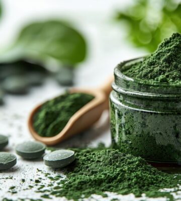 Close-up of green spirulina powder in a jar with tablets and a wooden spoon on a white surface, to showcase the dangers of spirulina