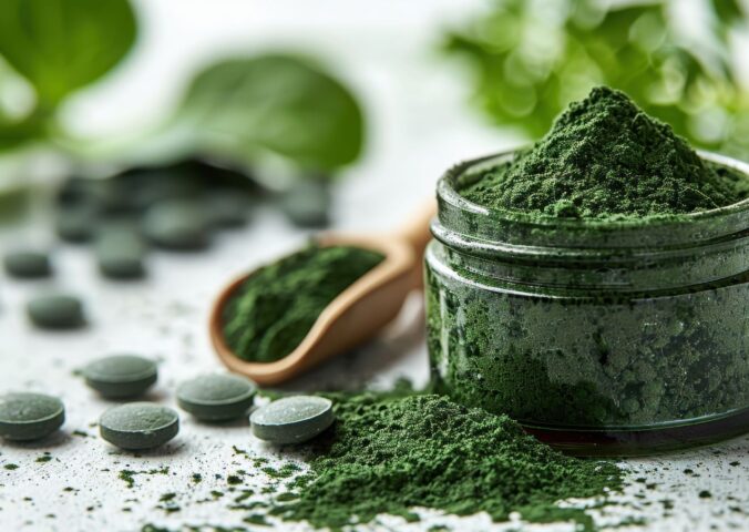 Close-up of green spirulina powder in a jar with tablets and a wooden spoon on a white surface, to showcase the dangers of spirulina