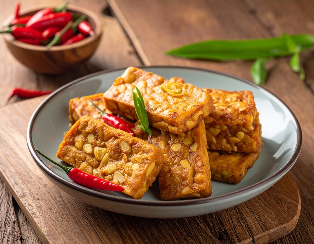 Crispy, golden, fried tempeh on a plate next to a small bowl of chili peppers, illustrating the cancer-protective effects of soy
