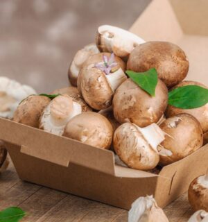 Cremini mushrooms in a box to illustrate the Mushrooms and green onions on bread to illustrate the health benefits of mushrooms