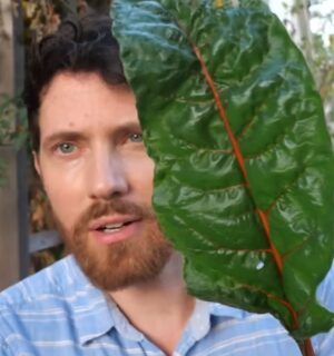 Mic stands in his garden holding a large chard leaf, one of the leafy greens that contains vitamin A5