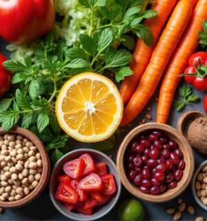 Shot of fruits and vegetables including carrots, legumes, greens, to illustrate the benefits of a plant-based diet