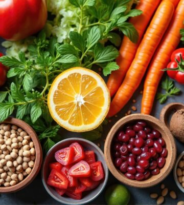 Shot of fruits and vegetables including carrots, legumes, greens, to illustrate the benefits of a plant-based diet