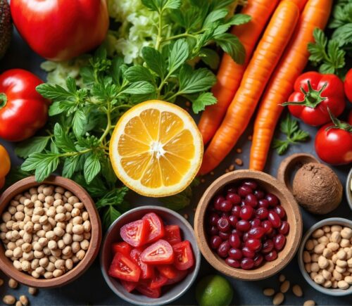 Shot of fruits and vegetables including carrots, legumes, greens, to illustrate the benefits of a plant-based diet
