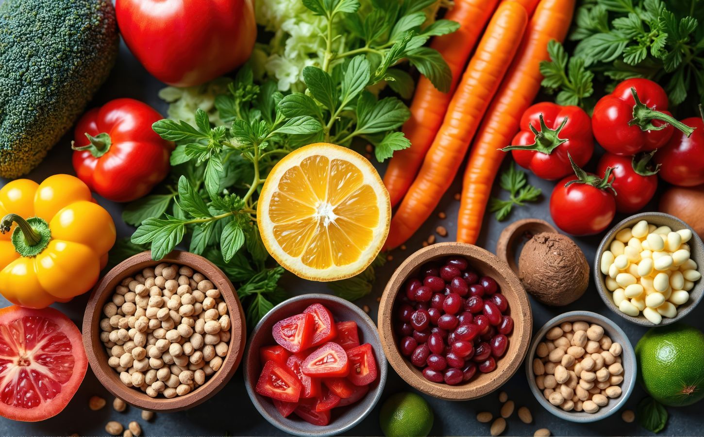 Shot of fruits and vegetables including carrots, legumes, greens, to illustrate the benefits of a plant-based diet