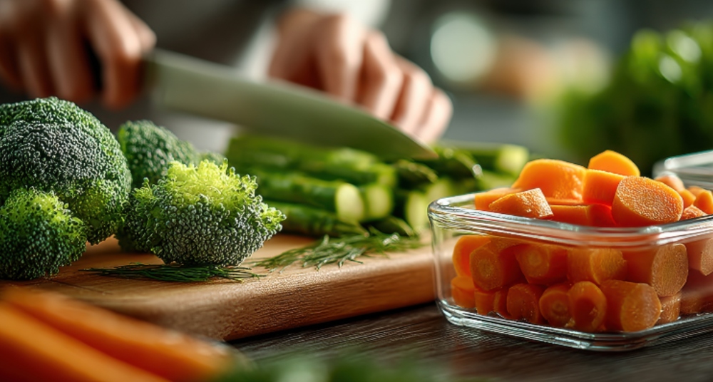 Person preparing fresh vegetables on a kitchen counter for a healthy meal, illustrating the benefits of a plant-based diet