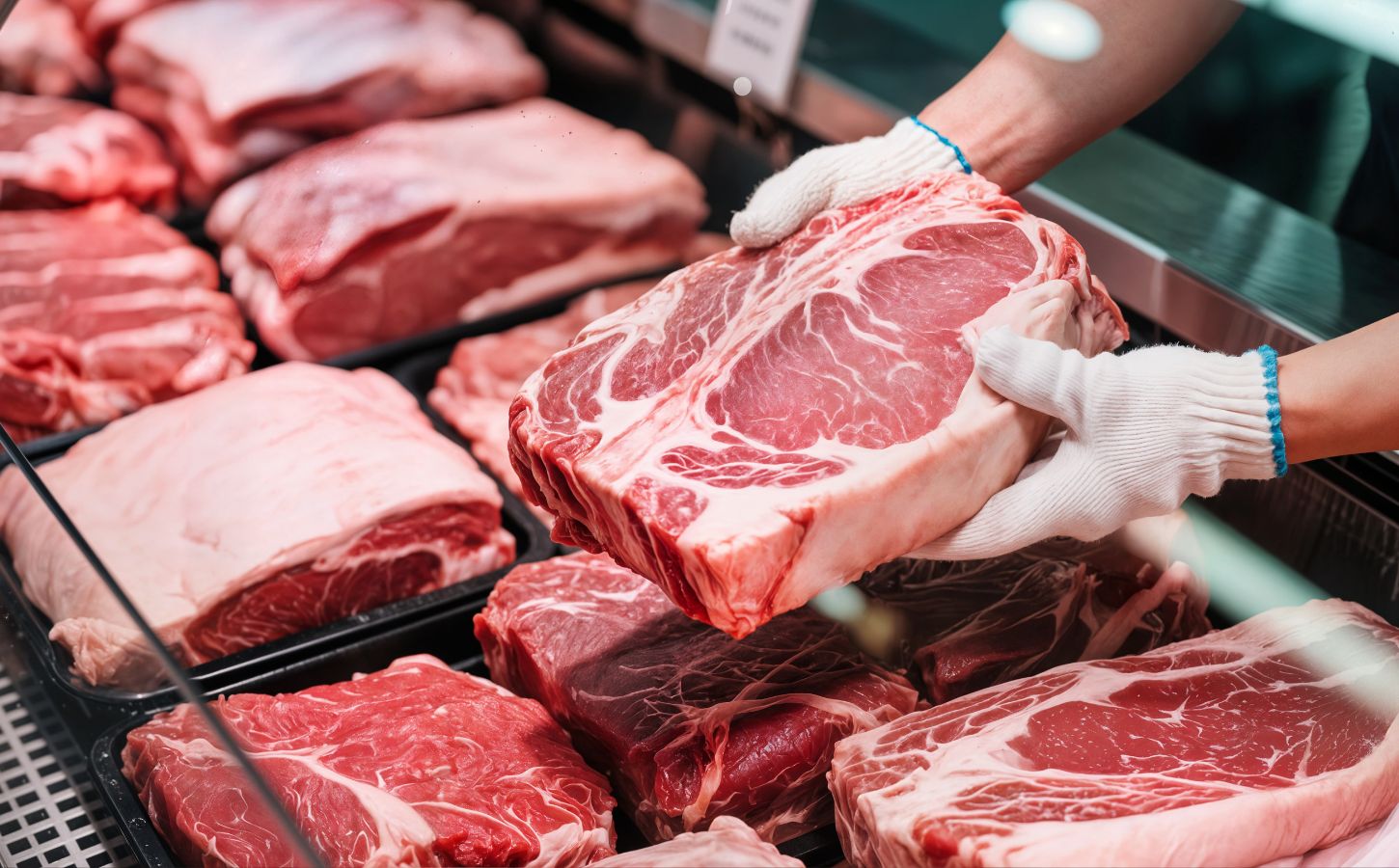 A display of raw red meat cuts in a butcher counter, illustrating the scary truth about eating meat.