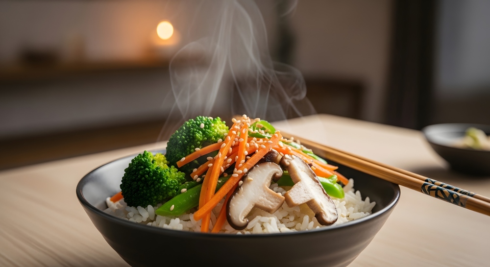 A bowl of white rice and vegetables with some chopsticks on the side, stands in contrast to the scary truth about eating meat