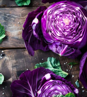 Three heads of purple cabbage on a rustic wooden table, highlighting the health benefits of purple cabbage