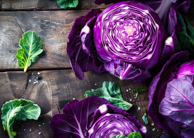 Three heads of purple cabbage on a rustic wooden table, highlighting the health benefits of purple cabbage