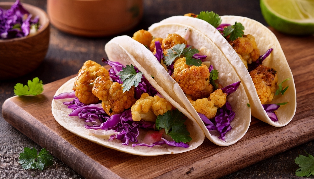 Tacos filled with spiced cauliflower and purple cabbage on wooden board, to illustrate the health benefits of purple cabbage