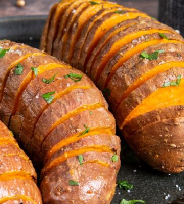 air fryer hasselback sweet potatoes with olive oil and garlic