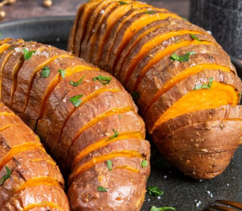 air fryer hasselback sweet potatoes with olive oil and garlic