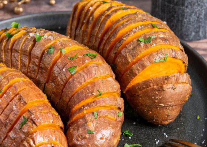 air fryer hasselback sweet potatoes with olive oil and garlic
